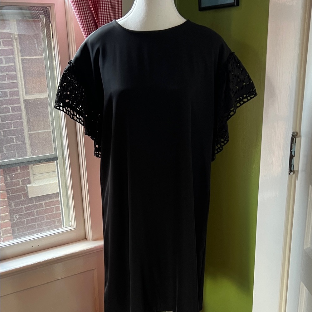 She and Sky Black Shift Midi Dress with Eyelet Sleeves